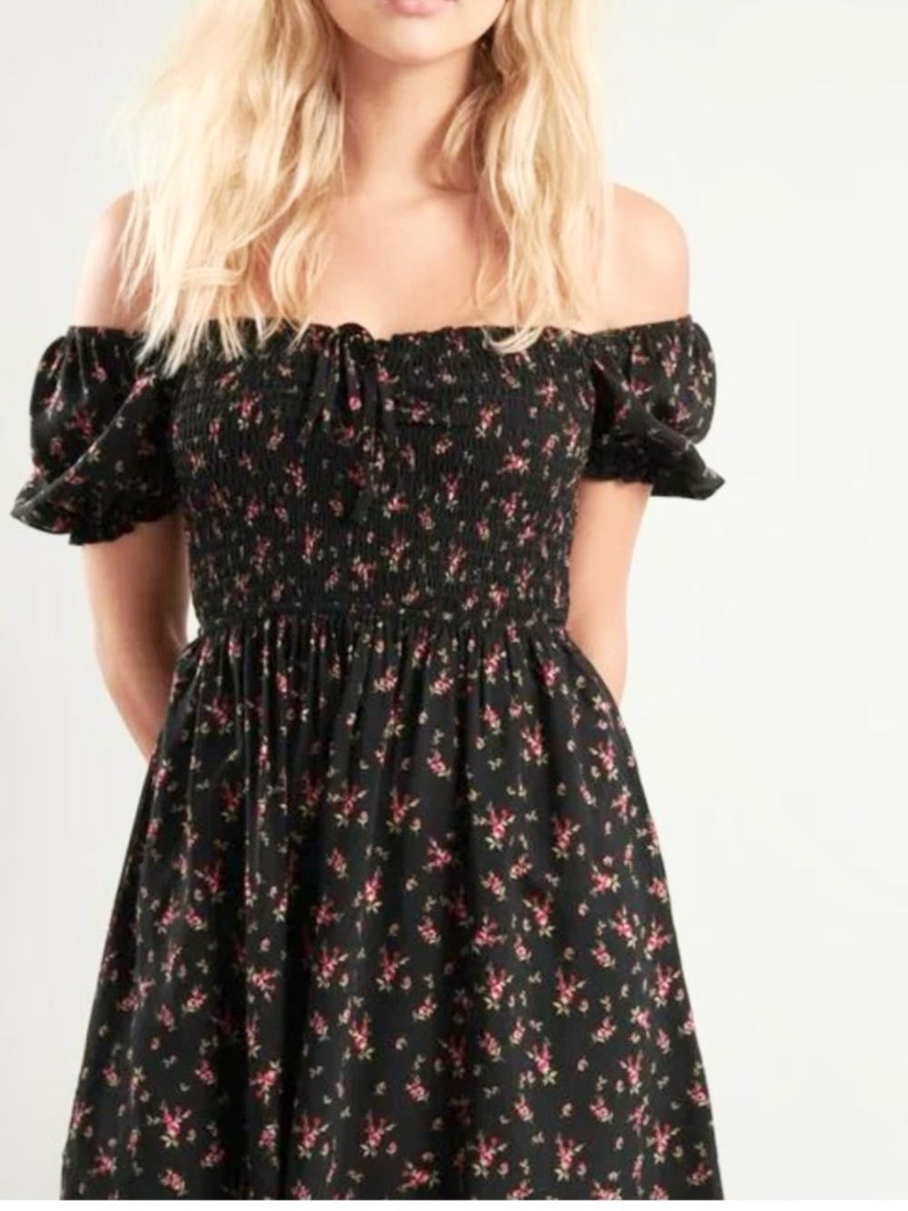 Garage Black Ditsy Floral Boho Smocked Mini Dress Puff Sleeve XS
